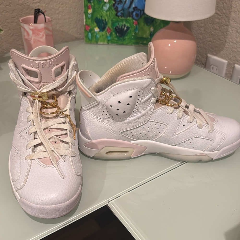 White/ Pink Jordan 6 Gold Hoops - Picture 2 of 2